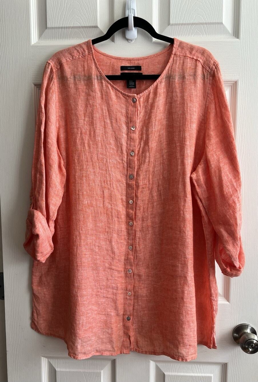 TAHARI Women's 100% Linen Lagenlook Button Front Relaxed Tunic Blouse Top Sz 2X